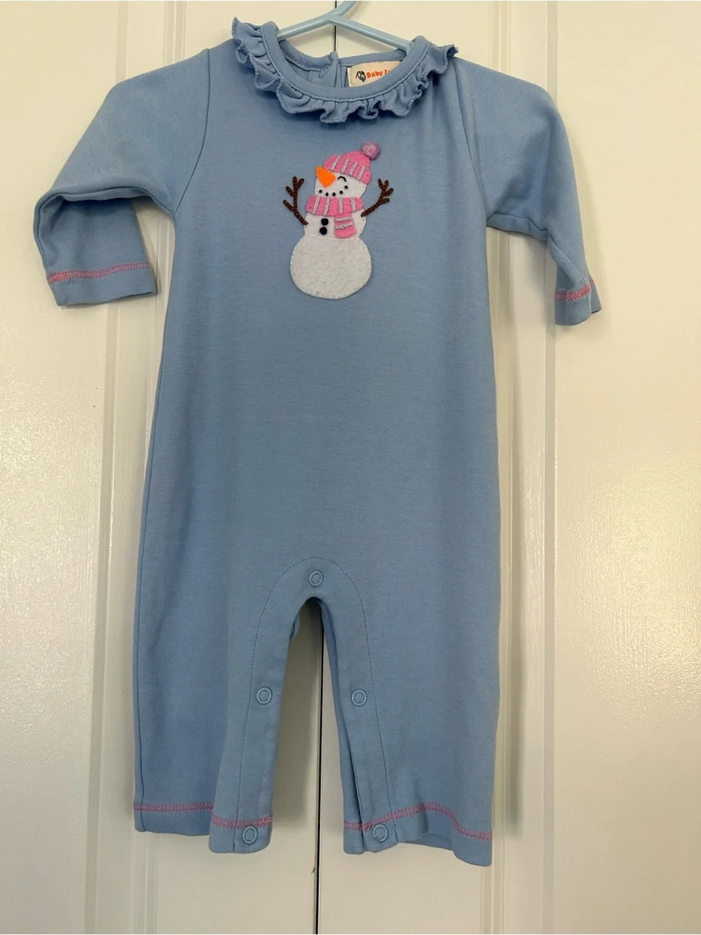 Baby Luigi Girls 6M Blue Snowman Knit Coverall One-Piece Ruffle Snap Winter